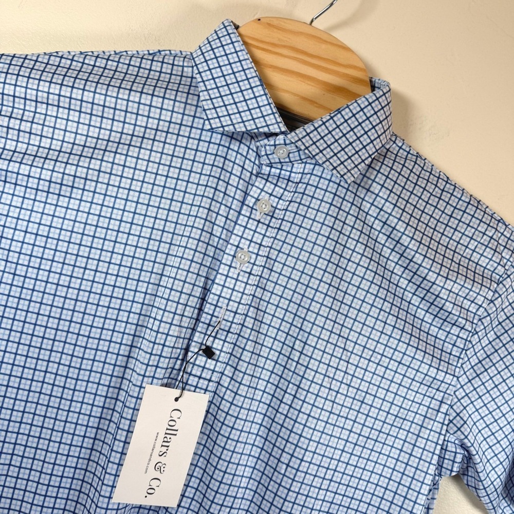 Collars & Co Semi Spread Dress Collar Polo Shirt Mens Large Blue Tattersall NEW